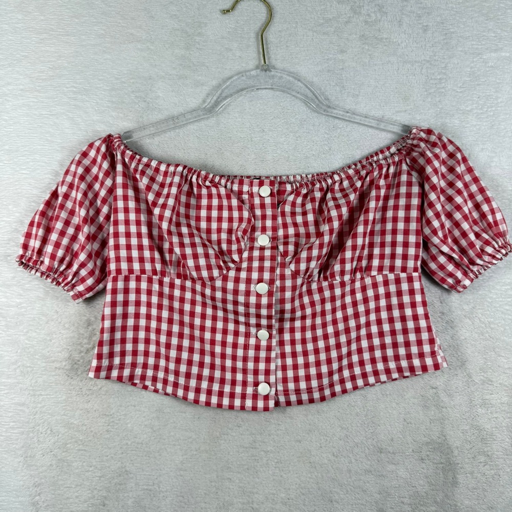 PrettyLittleThing Red White Gingham Off Shoulder Crop Top Button Front Size 2